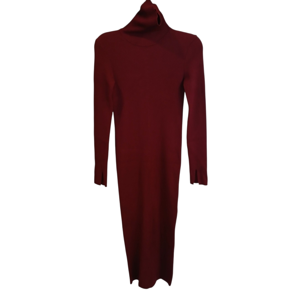 Zara Knit Burgundy Turtleneck Sweater Midi Dress Large‎ Long Sleeve Stretch
